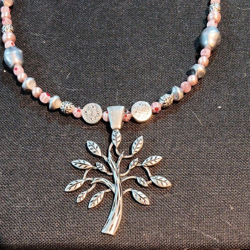 Handmade Silver and Pink Faux Pearl, Tree Pendant Necklace